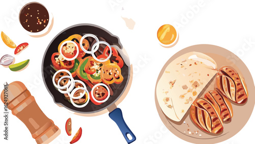 Overhead view of fajita ingredients in a pan with tortillas and condiments ready for cooking meal prep