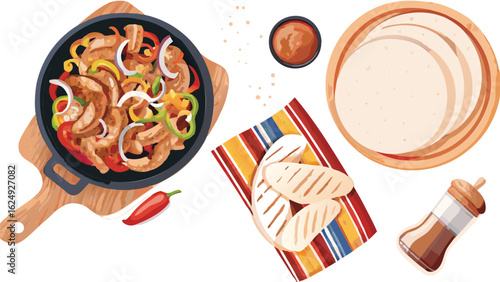 Overhead view of fajita ingredients with tortillas and condiments arranged on a white surface top