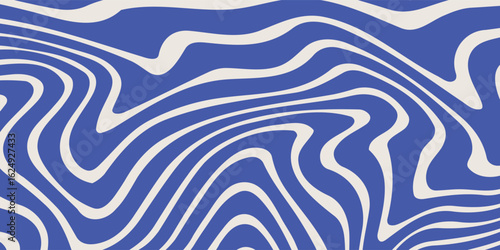 Blue wavy lines abstract background. Trendy psychedelic retro style backdrop. Waves, swirl and twirl pattern. Twisted distorted vector texture. Y2k aesthetic design