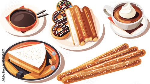 Illustration of various desserts including cake donuts churros and hot chocolate beverages arranged nicely