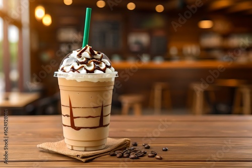 A starbucks frappuccino with whipped cream and chocolate drizzle on a wooden table with coffee beans