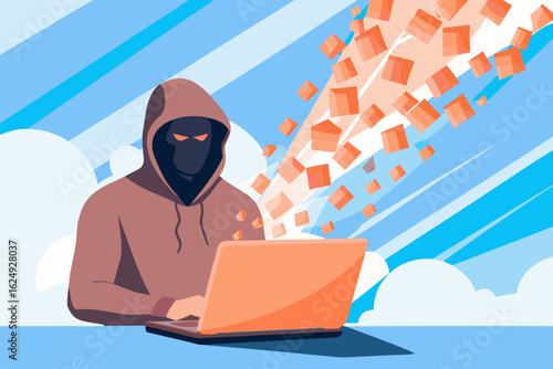 Haker w kapturze przy laptopie, cyberatak i kradzież danych w internecie, cyberbezpieczeństwo