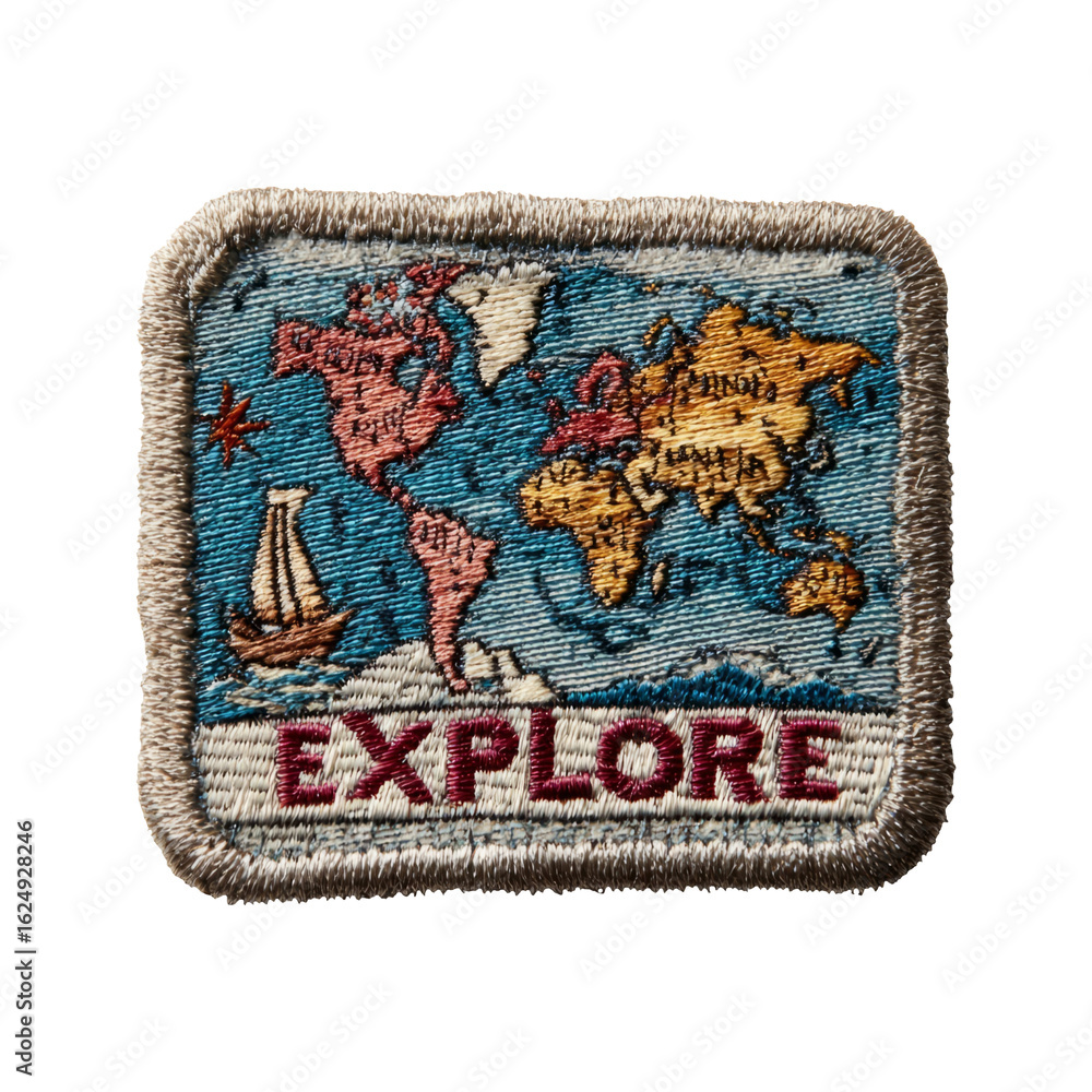 Fototapeta premium Vintage Explore Patch with World Map and Sailboat Design