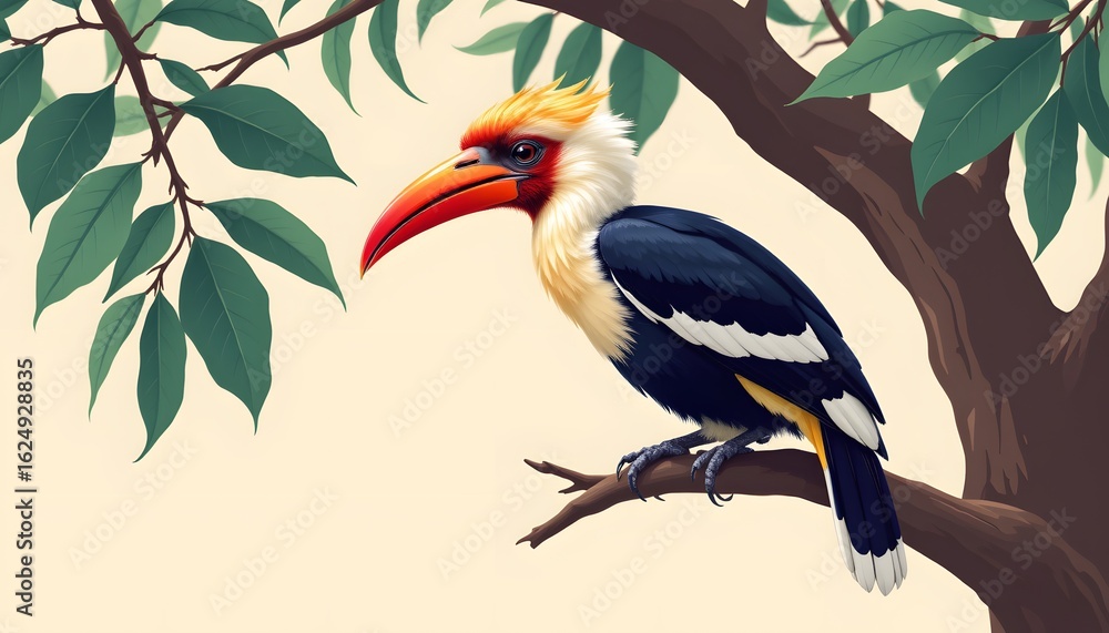 Fototapeta premium Colorful Tropical Hornbill Bird Sitting on Tree Branch Among Green Foliage in Natural Habitat