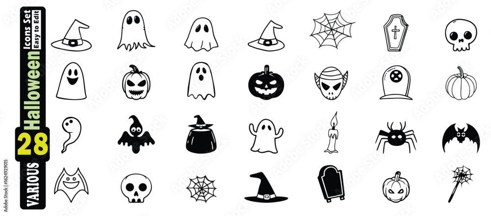Fototapeta premium Halloween icons set with ghosts pumpkins bats skulls spiders and witches hats vector