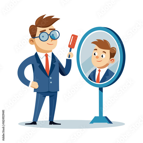 Confident Boss Checking His Appearance in Mirror – Leadership, Grooming, Self-Reflection, Motivation, Business Success Vector Illustration