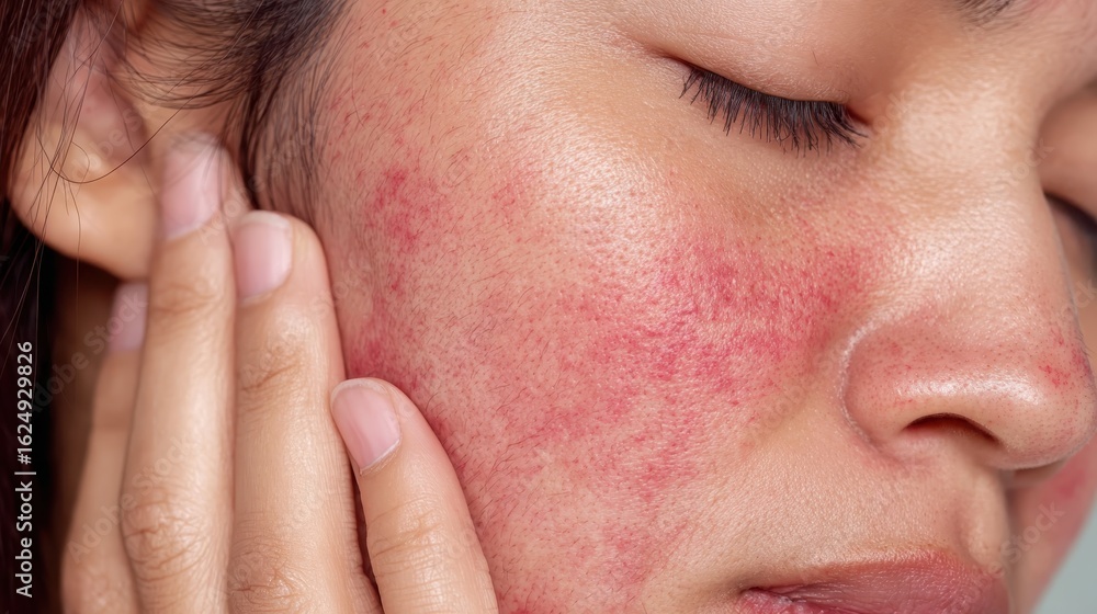 Obraz premium Close up view showing woman touching cheek, highlighting rosacea symptoms including facial redness, skin flushing, and prominent blood vessel patterns