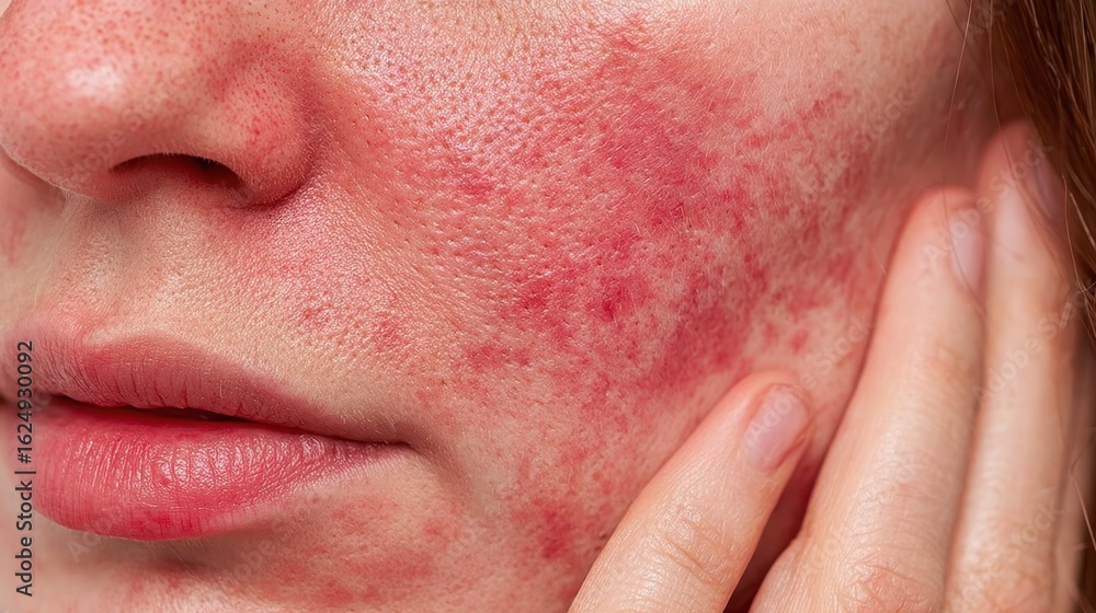 Obraz premium Close up of woman with rosacea showing reddened skin, inflamed complexion, prominent blood vessels, gently touching affected facial area with fingertips