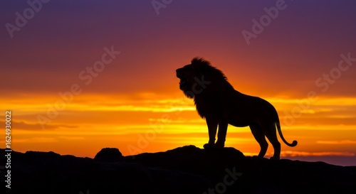 Foto Majestic lion silhouette roaring against a vibrant african sunset