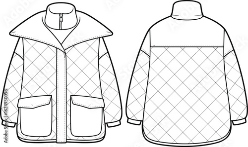 Stylish oversized quilted puffer jacket technical fashion sketch, trendy winter outerwear design, front and back view, modern casual apparel vector illustration for adobe stock.