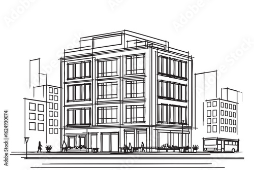 commercial storage premises with truck sketch. illustration abstract modern urban building. Landscape