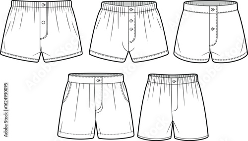 Boxer shorts cad drawing flat vector illustration, men underwear fashion template, front view technical sketch, button fly boxer shorts design