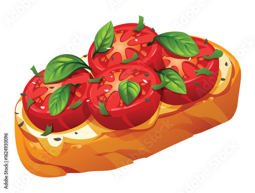 Bruschetta with fresh tomatoes, basil, and cheese on a slice of toasted bread. Vector cartoon illustration