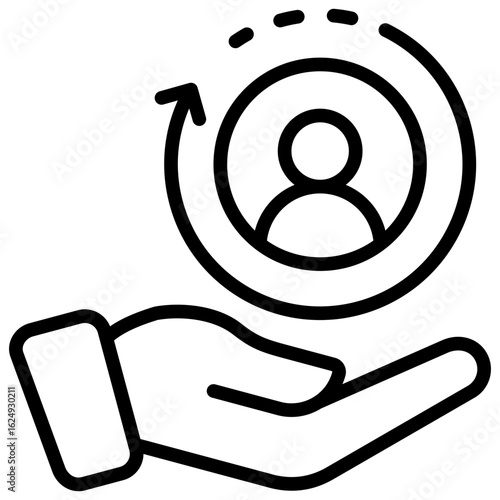 Customer Care Outline Icon Design Vector - hand holding a user avatar encircled by a rotating arrow. Symbolizes customer care, user retention, and personalized service