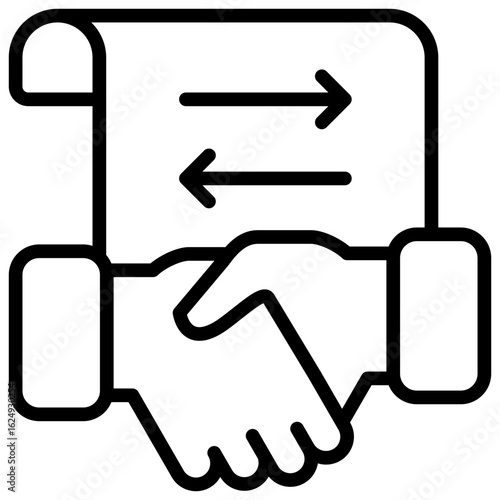 Partnership Agreement Outline Icon Design Vector - handshake in front of a document with two opposing arrows. Represents partnership agreement, mutual understanding, and contract negotiation