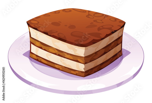 Italian tiramisu cake with coffee and cocoa powder. Vector cartoon illustration