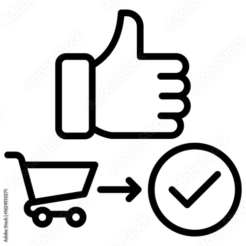 Purchase Approval Outline Icon Design Vector - thumbs-up with cart and check mark, illustrating accepted or approved purchase order