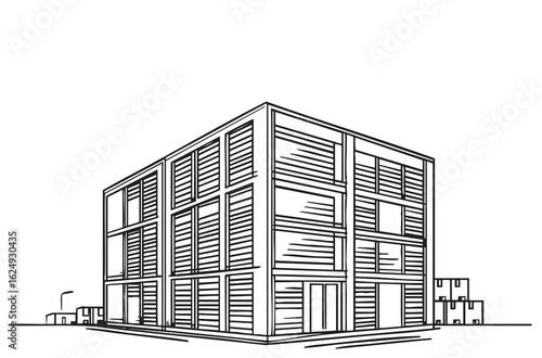 commercial storage premises with truck sketch. illustration abstract modern urban building. Landscape