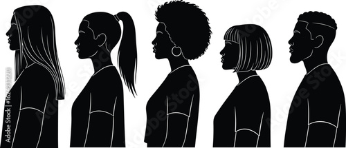 Silhouettes of diverse people, side profile, various hairstyles, inclusive representation, black and white vector, isolated, graphic design, diversity, inclusion