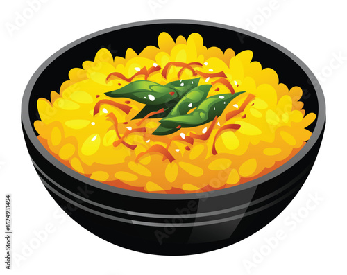 Delicious risotto with saffron and parmesan cheese in a black bowl. Vector cartoon illustration