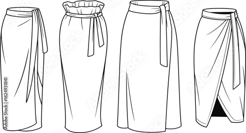 Wrap skirt cad drawing flat vector illustration, fashion flat sketch with belt, front view midi wrap skirts design template for apparel design