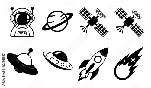 Astronaut planet satellite rocket ufo comet space icons vector