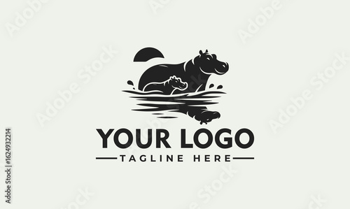 A stylized logo featuring a hippopotamus standing in water, with palm trees and birds in the background.