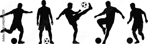 Soccer silhouette, football action, kicking pose, dribbling motion, balancing ball, sports icon, athletic movement, soccer player, vector art, black shape
