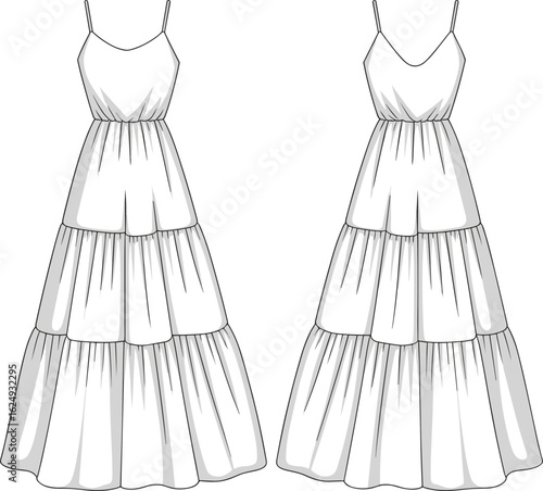 Tiered Maxi Dress Fashion Flat — Spaghetti Strap Ruffle Dress CAD Template for Designers, Technical Garment Illustration Front & Back