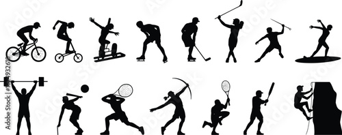 Sport silhouettes, athletes in action, cycling, snowboarding, fencing, basketball, tennis, weightlifting, surfing, vector icons, black, isolated