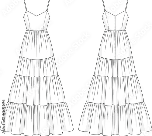 Ruffled Tiered Maxi Dress CAD — Spaghetti Strap Fashion Flat Template for Designers, Technical Garment Illustration Front & Back