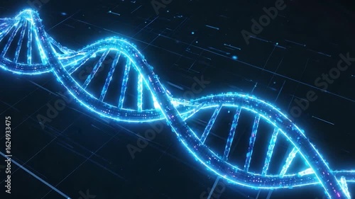 Glowing DNA double helix against a dark background with digital grid