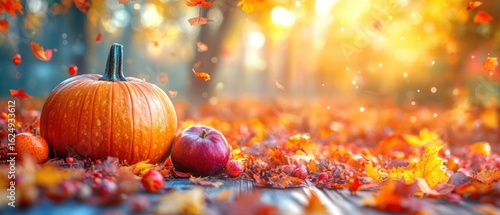 Autumn Abundance: A Harvest Scene of Pumpkins, Apples, and Falling Leaves