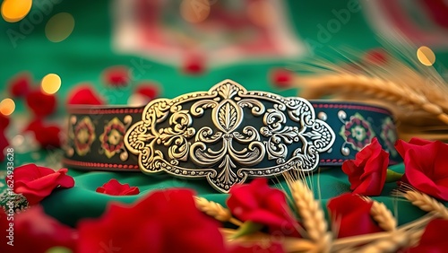 Traditional kueh lapis dessert with red and white frosting patterns on marble plate.