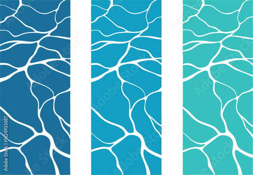 Three vertical panels of rippling blue water surface texture