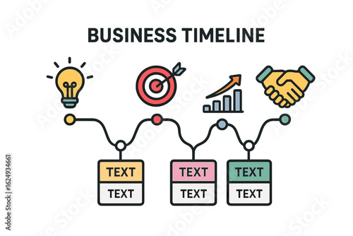Business icons for planning, scheduling, and location services business timeline flow