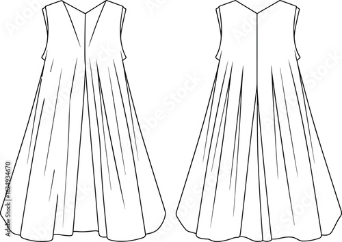 Sleeveless Dress Cad Drawing Flat Vector Illustration, Fashion Garment Sketch, Flowy Long Dress Template, Front and Back Technical Flats