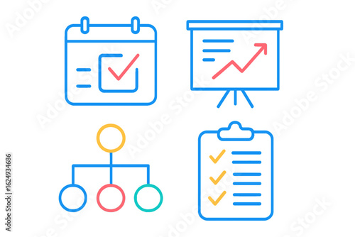 Business icons representing planning, growth, organization, and tasks planning structure icons
