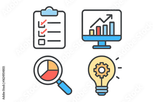 Business analysis icons with charts, magnifying glass, and light bulb project analysis icons