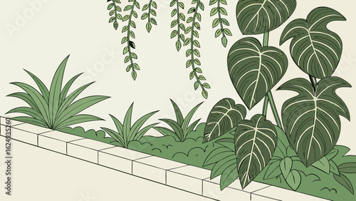 Illustration of a garden bed with various plants including hanging vines and broad leafed foliage plants