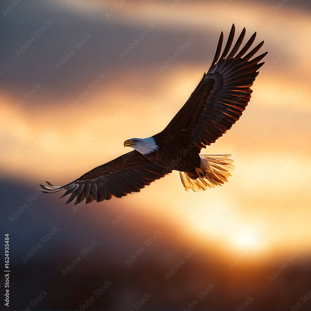 Naklejka premium Bald Eagle Soaring Through Golden Hour Skies A Symbol of Freedom and Power in the American Wilderness