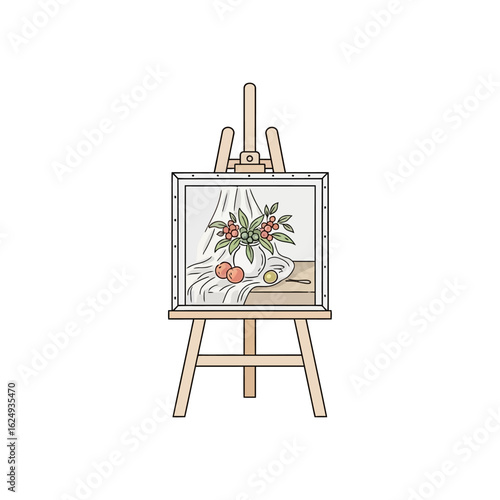 Still Life Painting on Wooden Easel: Fruit and Flowers in Vase