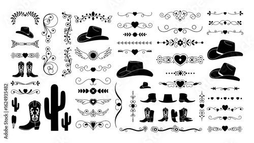 Cowboy hats boots cacti and decorative elements cactus heart