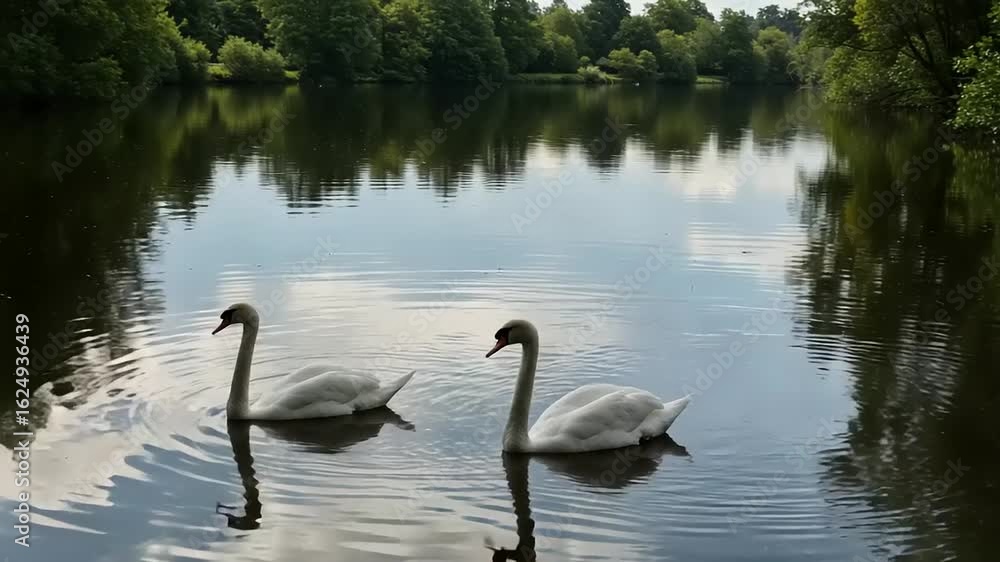 Two swans swimming peacefully on a serene lake Two swans swimming peacefully on a serene lake