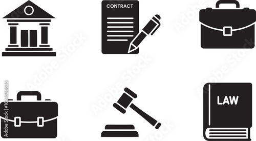 Law Icons Courthouse, Gavel, Briefcase, Legal Book & Contract Symbols for Judiciary and Legal Services