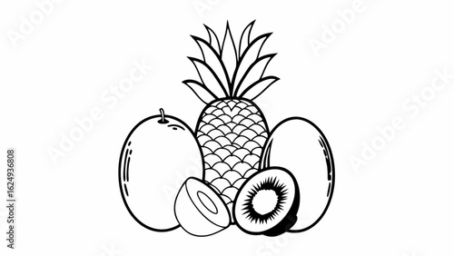 Fresh tropical fruit medley outline featuring pineapple, mango, and kiwi for summer recipes and healthy eating promotions