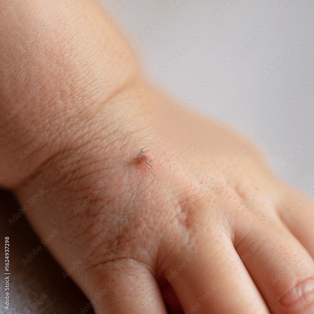 Fototapeta premium Close-up of bug bite on baby’s hand