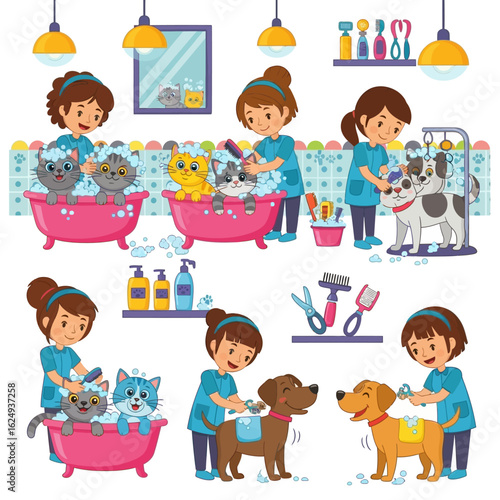 Pet Grooming Salon Scene with Cats and Dogs Getting Washed