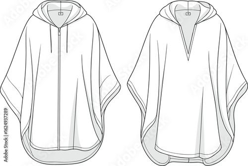 Hooded Poncho Cad Drawing Flat Vector Illustration, Front and Back Technical Sketch of Cloak Style Outerwear, Loose Fit Fashion Design with Hood