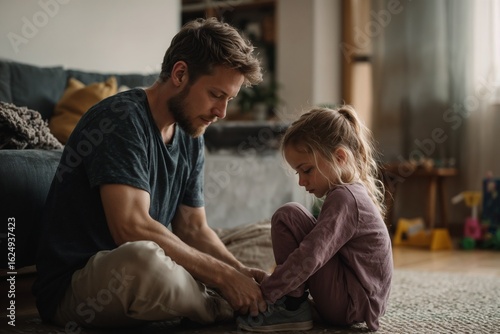  Father helping daughter tie shoelaces at home